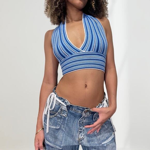 Made in Italy - Vintage 00s blue knit striped print tie back halter top (XS/M) - Picture 1 of 12